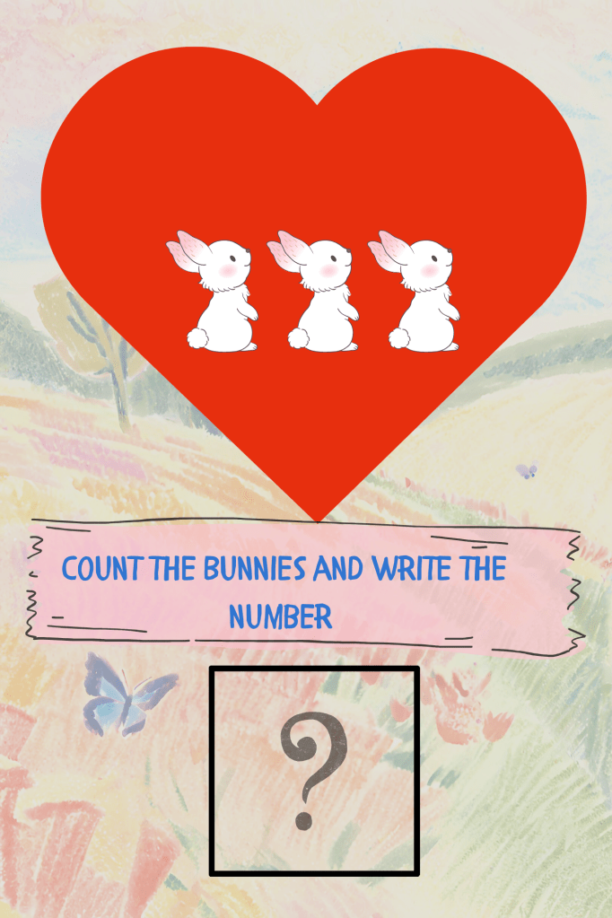 Kids learning counting. Early education online book. 3 bunnies on a red heart.